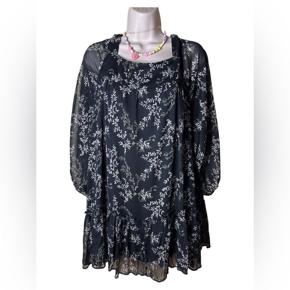 Millibon Black Dress  pink green brown Floral pattern Sheer Layer Tieback Ruffle